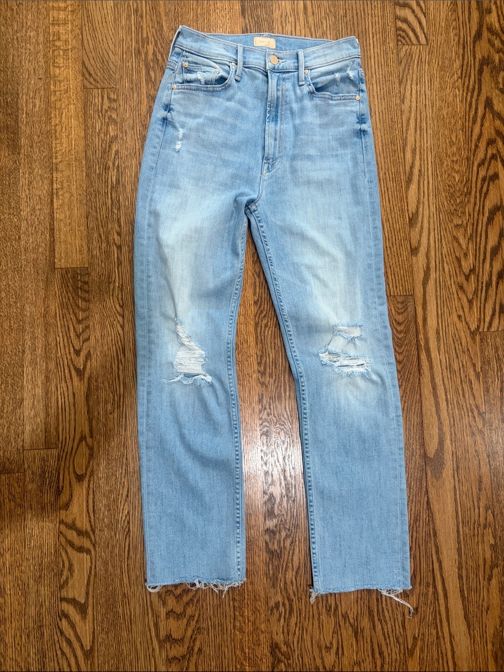 MOTHER Light Blue Straight Leg Jeans with Distressed Knee & Raw Hem